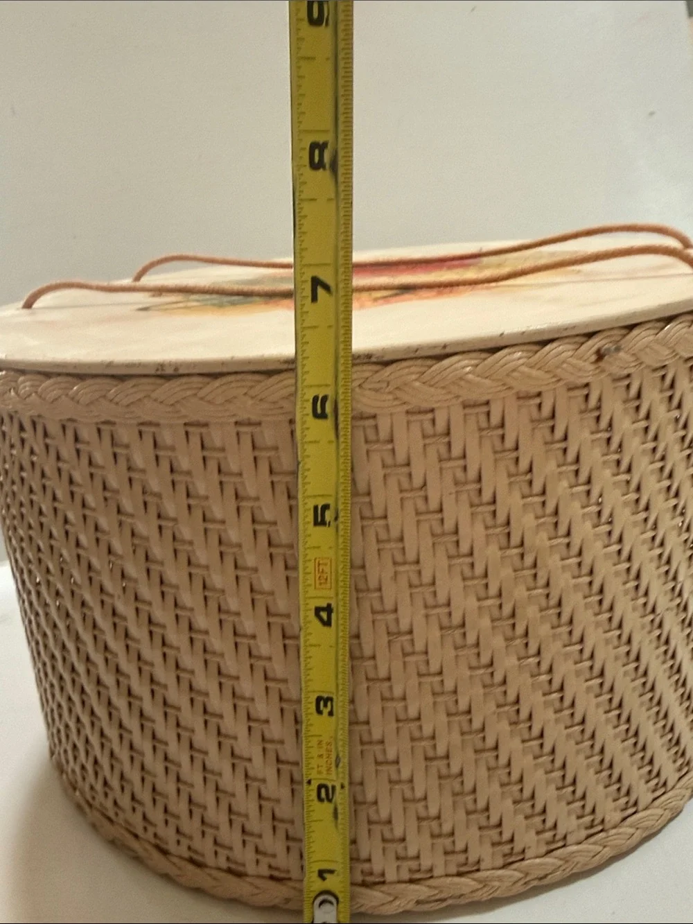 Vintage 1950’s Handcrafted Woven Sewing Basket with Cream Lid and Motif